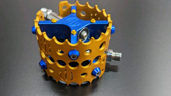 Evil Alloy Rookie Round Pedals + Cages GOLD/BLUE