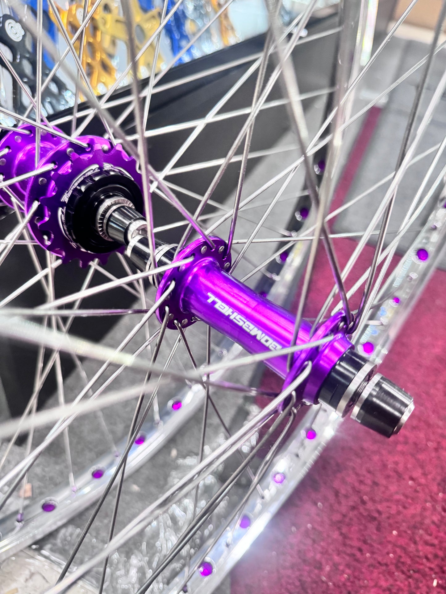 Wheel set Hole Shot rims W/ Purple Rim Tape Purple Bombshell hubs + Cassette