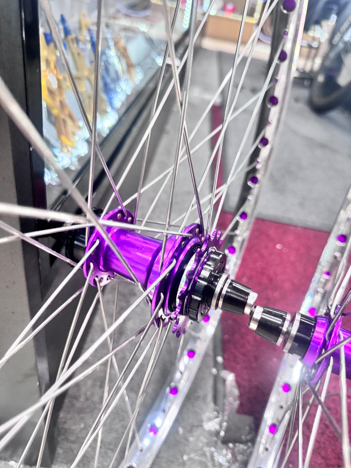 Wheel set Hole Shot rims W/ Purple Rim Tape Purple Bombshell hubs + Cassette